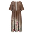 thumbnail image 4 of Jovati Robe à Manches Courtes à Col Rond pour Femmes, Motif Floral Imprimé, Silhouette Évasée Fluide, Mélange Polyester Spandex, Coupe Estivale Légère, Détail Taille Élastique, 4 of 5
