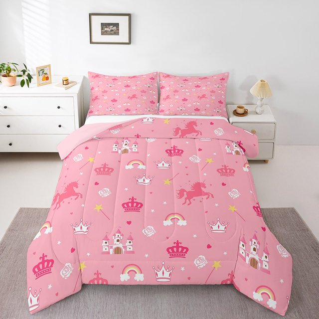 Erosebridal Ensemble de Literie Licorne Rose pour Filles, Couette Simple, Château Couronne de Princesse, Réversible 2 Pcs