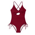 thumbnail image 5 of Penkiiy Womens One Piece Ribbed Swimsuits Tummy Control V Neck High Waisted Bathing Suit Summer Beach Plus Size Ruffle Wrap Swimwear L Wine, 5 of 5