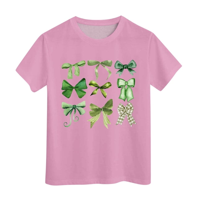 T-shirts Filles Été Col Rond Manches Courtes Nœud Imprimé Coupe Décontractée Basiques Hauts Filles Rose 8-9 Ans