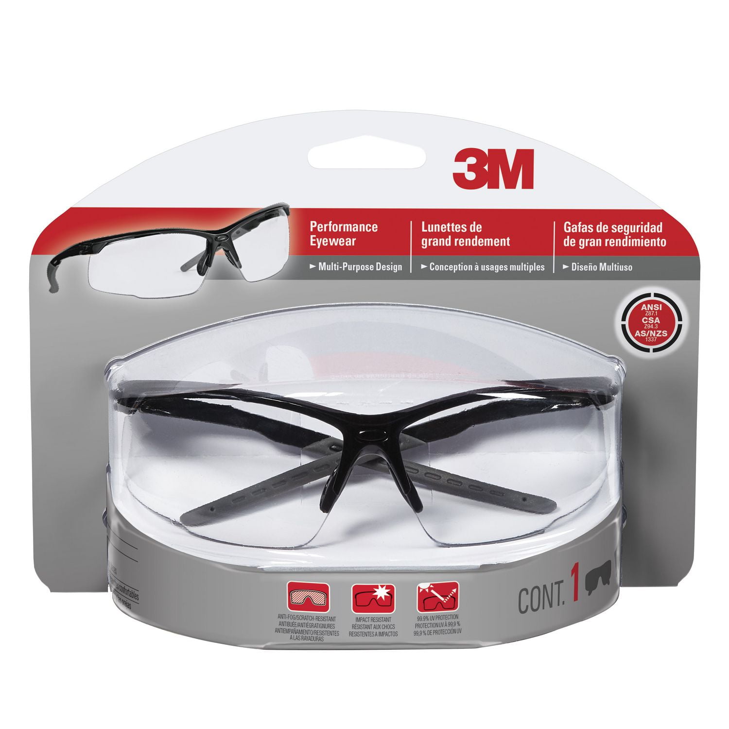 Lunettes de grand rendement 47070H1-DC 3M(MC), conception classique, monture noire et grise, verres antibuée transparents