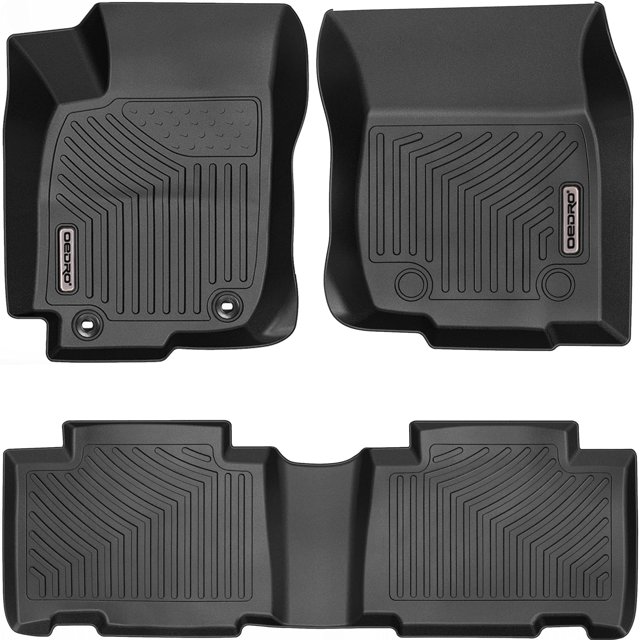 OEDRO Floor Mats designed to fit 2013-2018 Toyota RAV4 standard models, featuring a full set of TPE all-weather liners for the 1st and 2nd rows. The black mats have raised edges and textured surfaces for enhanced grip and spill containment, with secure attachment points for stability.