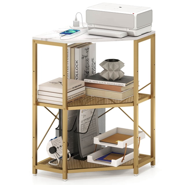 Costway Corner Printer Stand with Charging Station Adjustable Metal Mesh Shelf White