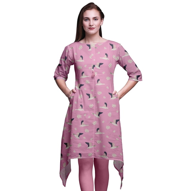 Bimba Pink Ranunculus & Stork Bird Asymmetric Kurta Indian Tunic Tops For Women Printed Indian Clothing Medium