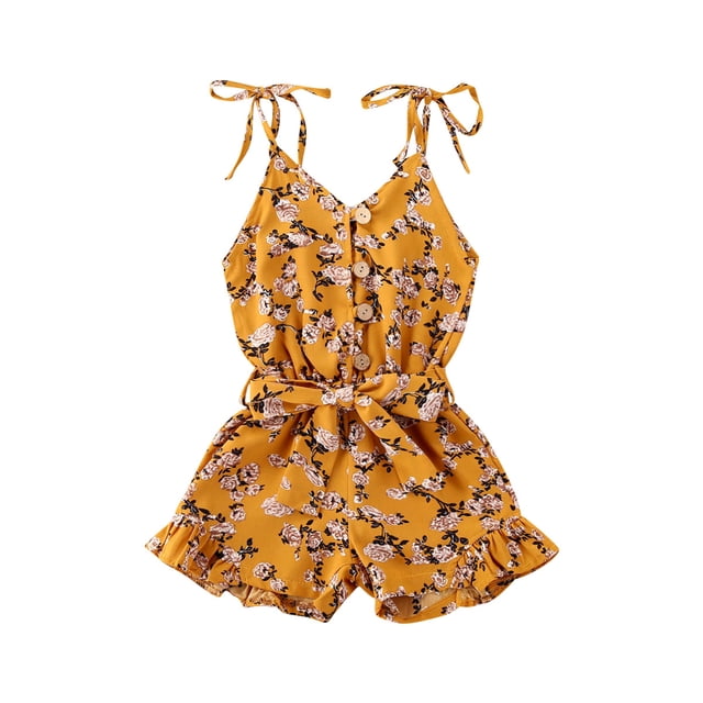 Gupgi Baby Summer Floral Printed Spaghetti Straps Button Open Jumpsuits