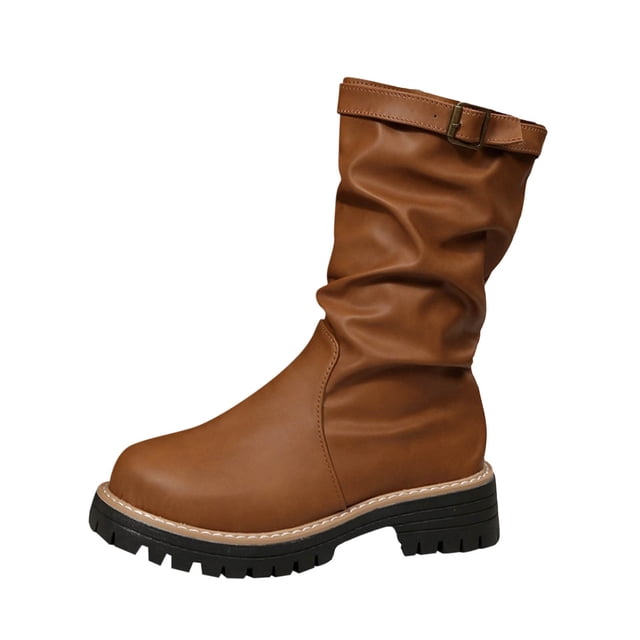 Bottes à la Cheville pour Femmes, Mode Décontractée d'Hiver à Tige Courte Plissées, Couleur Unie, Bout Rond, Talon Épais Bas, Bottes d'Hiver pour Femmes