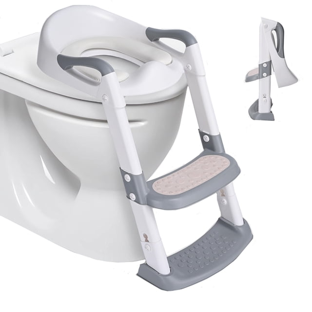 Foldable potty training toilet seat with anti-slip step stool ladder and soft padded cushion in white and grey. Designed for toddlers aged 1-6, it features a raised splash-proof front, five adjustable height settings, and ergonomic armrests. The foldable design allows for compact storage.
