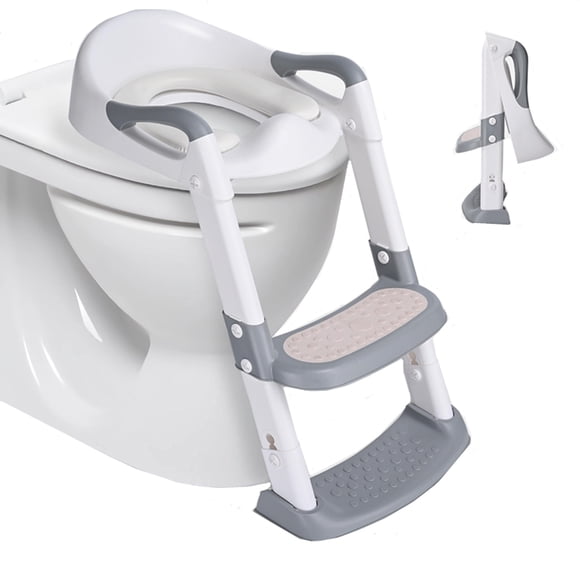 Foldable Potty Training Toilet Seat, One-Click Folding&5 Adjustable Height, Toddler Toilet Potty Chair with Anti-Slip Step Stool Ladder and Soft Padded Cushion