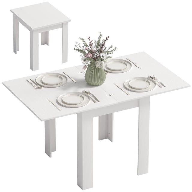 HOMCOM 55" Extendable Dining Table in white with a modern wood-grain finish, shown in both compact and extended configurations. The table seats 4 people when compact and expands to accommodate up to 6 guests. Features a hidden extension leaf, particleboard construction, and melamine-coated surface for durability and easy cleaning. Includes felt pads on each leg to protect floors. Ideal for dining, work, or study in small apartments or shared spaces.