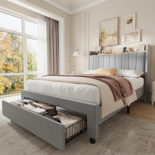 Full Size Bed Frame with Storage Headboard, Wooden Full Bed Frame with Charging Station, Metal Platform BedFrame with Large Drawers, No Box Spring Needed, Easy Assembly, Beige