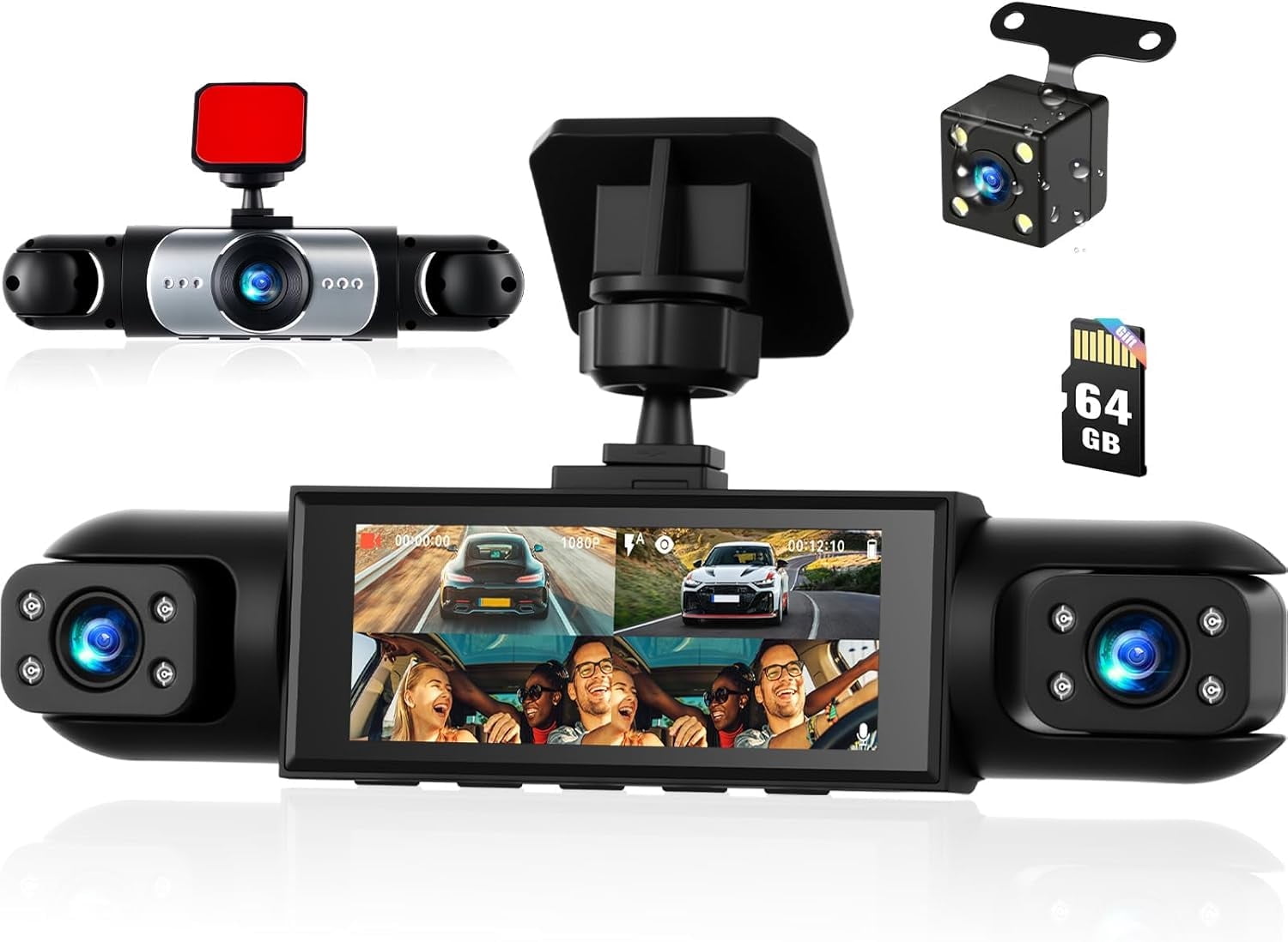 360 Degree View 4 Channel Dash Cam for Cars,Dash Cam Car Camera Front and Rear Inside Left Right,3.16” Dashcams with Night Vision,Loop Recording,24H Parking Mode Monitor,Reverse View+64G Memory Card