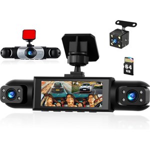 360 Vue des degrés 4 Channel Dash Cam pour les voitures, caméra de voiture Dash Cam avant et arrière à droite,3.16” Dashcams avec vision nocturne, enregistrement en boucle,24H Moniteur de mode de stationnement, vue inverse + carte mémoire 64G