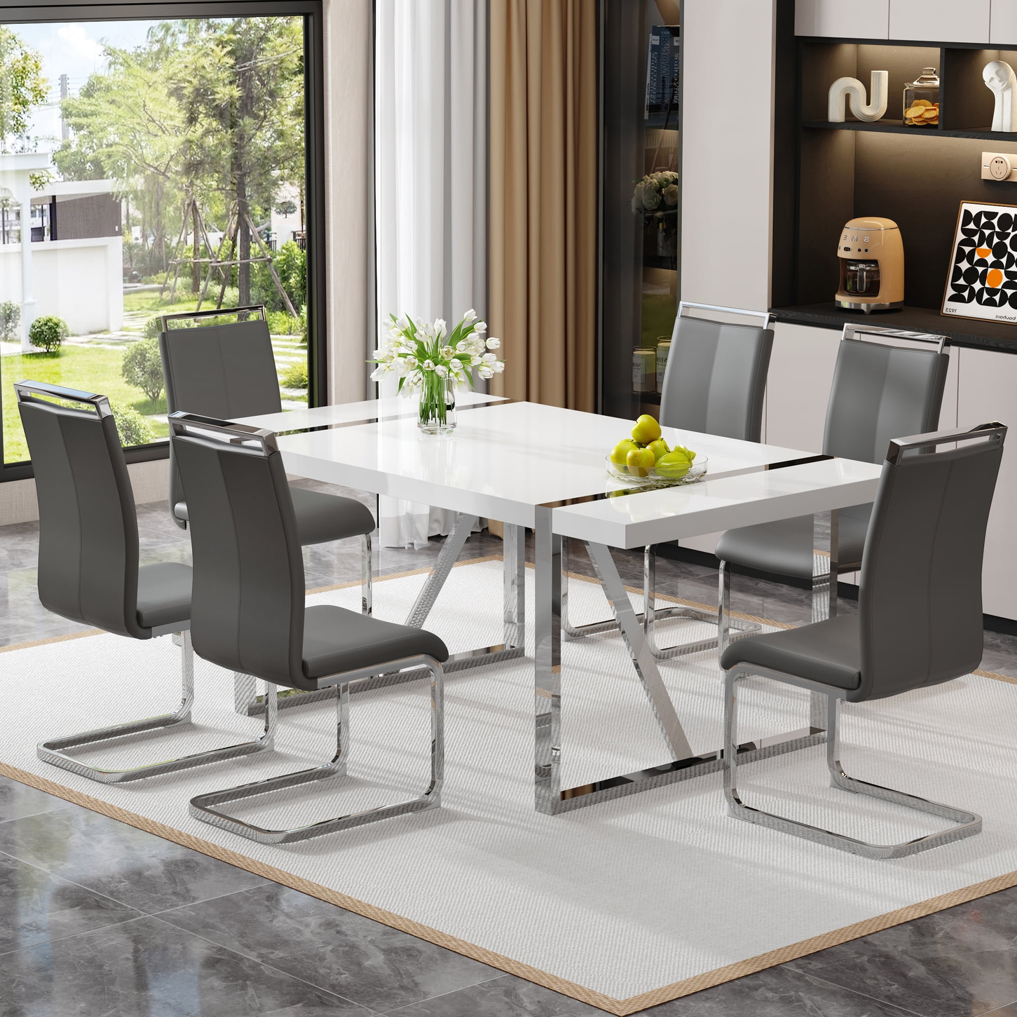 Noble House Industrial Rectangular Dining Table,2.3" Thick Wood Grain White MDF Top with Silver Metal Legs,White/Silver
