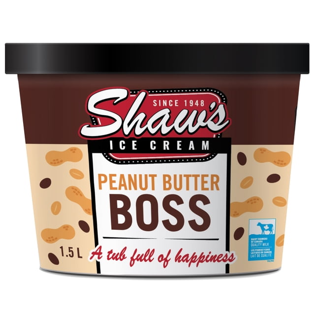 PEANUT BUTTER BOSS Ice Cream by Shaw's Ice Cream in a 1.5 L tub with brown and beige packaging decorated with peanut and chocolate-covered peanut graphics, black lid, and label featuring Canadian quality milk certification and the slogan 'A tub full of happiness'.