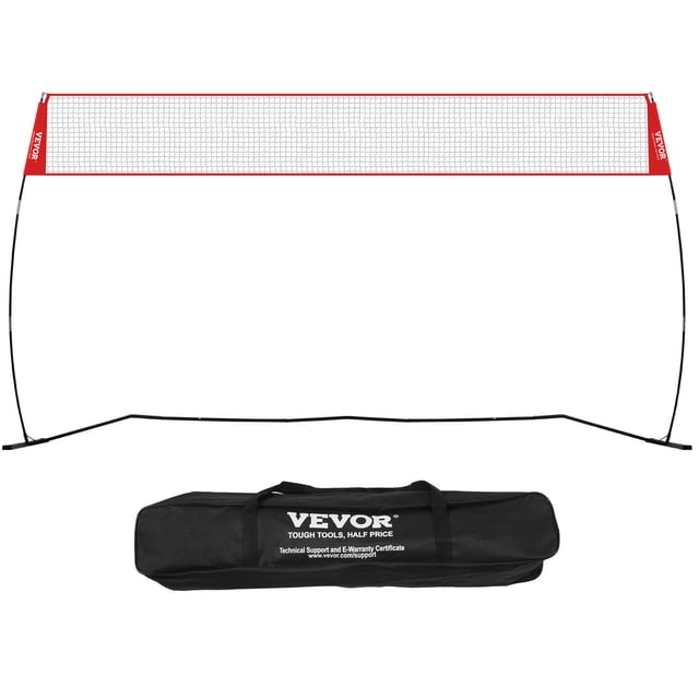 VEVOR Freestanding Volleyball Training Net for indoor or outdoor use, featuring a red 14-foot-wide net with adjustable height ranging from 7.4 to 8 feet. Made from weather-resistant 420D oxford cloth and includes a black portable carrying bag for easy transport.