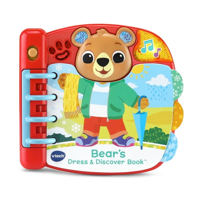 VTech Bear's Dress & Discover BookTM - Version Anglaise, 12-36 Mois, un Livre Interactif Rouge pour Tout-Petits Mettant en Vedette un Ours Habillé pour Temps Enneigé, Ensoleillé et Pluvieux avec une Veste Verte, une Foulard, un Short et un Parapluie, Équipé d'Onglets Épais et d'Un Bouton musical Jouant 50 Chansons et phrases sur la Météo et les Vêtements pour Enseigner aux Tout-Petits l'Habillage Approprié.