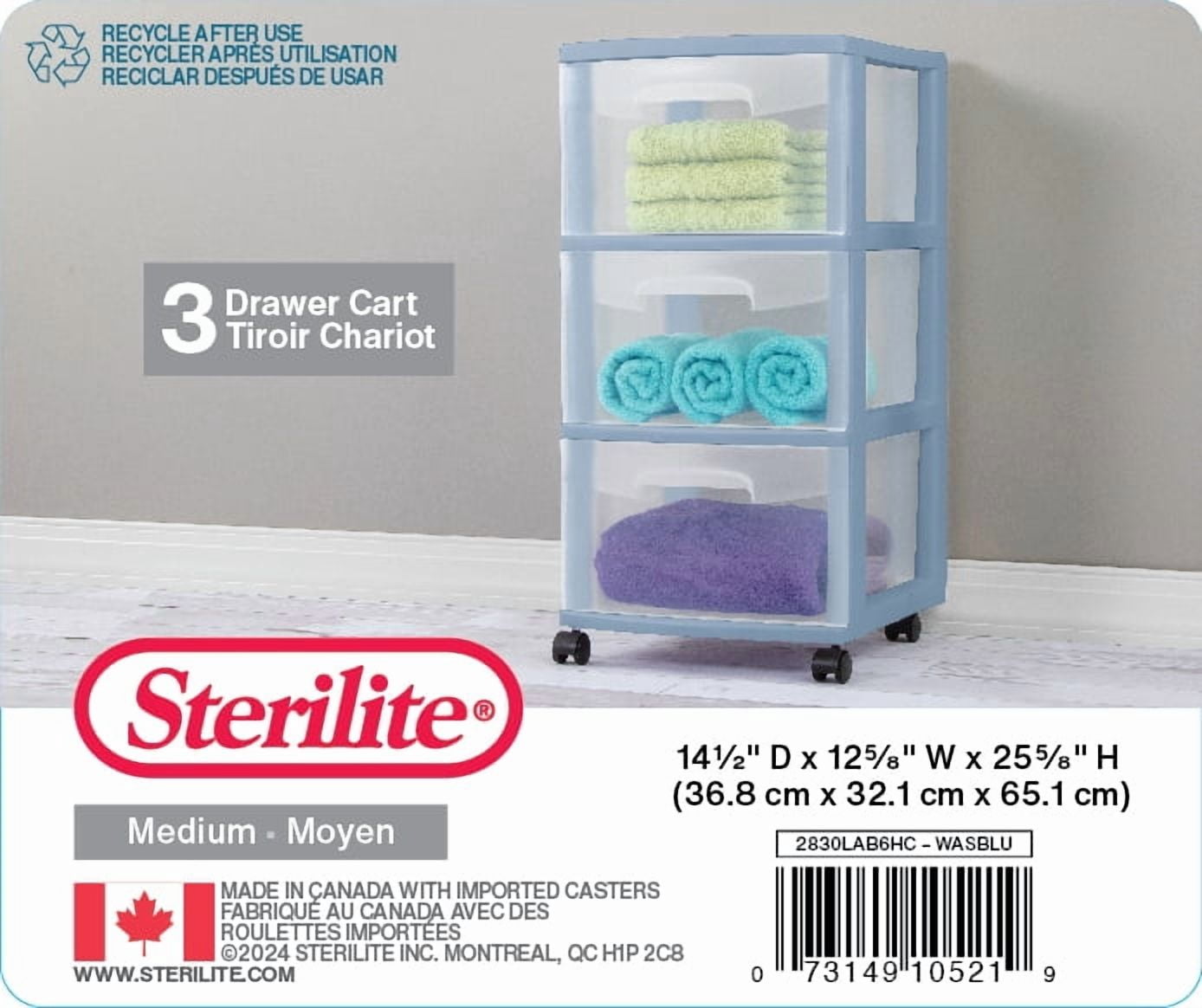 Sterilite Caisson à 3 Tiroirs, Bleu Pâle
