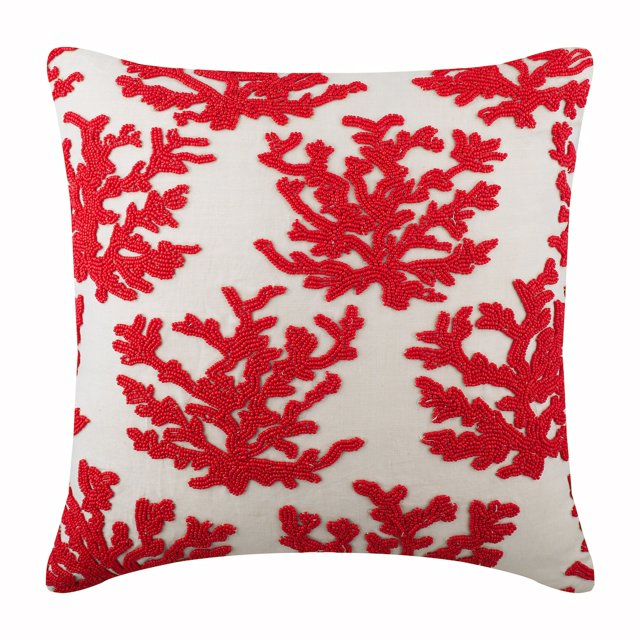 The HomeCentric Housse de Taie Euro, Ensemble de 2 Taies Euro Décoratives Rouges, 26x26 Pouces (65x65 cm), Housses d'Oreiller Format Euro en Lin, Coraux, Algues Marines, Perlées, Style Plage Taies Européennes - Coraux Rouges