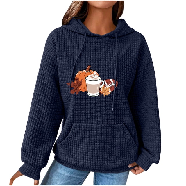 KIHOUT Chandails à Capuchon pour Femmes Décontractés en Tricot Gaufré, Imprimé Graphique de l'Action de Grâce, Chandail à Manches Longues à Col Rond, Cordon de Serrage, Coupe Ample, avec Poche, Taille P-2TG