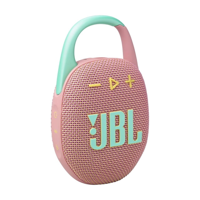 JBL CLIP 5 Haut-Parleur Bluetooth ultra-portable Rose avec Poignée Mousqueton Intégrée Vert Menthe, Boutons de Commande Jaunes sur la grille en Maille avant, et le logo JBL Vert Menthe et Jaune, Étanche et Antipoussière pour une Utilisation Extérieure et Coupage Facile aux Sacs Ou à l'Équipement.