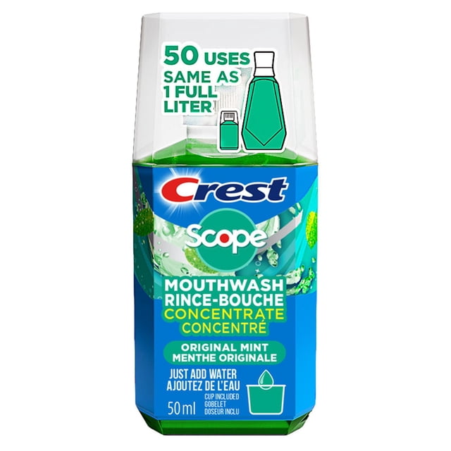 Crest + Scope Mouthwash Concentrate Original Mint 50mL bottle with blue and green label showing 50 uses equal to 1 full liter, original mint flavor, and instructions to add water with included cup for customizable rinse strength, suitable for compact storage and travel.