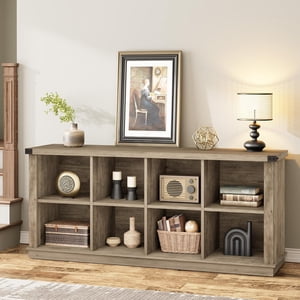 IdealHouse 8 Cube Storage Organizer Bookshelf, 62" Long 3-Tier Farmhouse Bookcase, Wood Storage Shelf for Entryway or Living Room, Grey