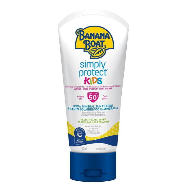 Banana Boat® Simply Protect™ Kids Mineral Sunscreen Lotion SPF 50+ in a 150 mL white squeeze tube with blue flip cap, featuring 100% mineral sun filters, fragrance-free, pediatrician tested, water resistant for 80 minutes, and National Eczema Association approved for sensitive skin.