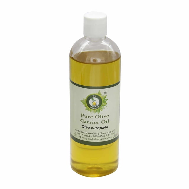 R V Essential Huile d'Olive Olea Europaea Huile d'Olive Pure pour les Cheveux, Non Raffinée et Pressée à Froid, dans une Bouteille en Plastique de 100 ml (3,38 Oz). la Bouteille Présente un design Transparent avec un Bouchon Blanc et une Étiquette Affichant le Nom du Produit et le logo de la Marque. Idéale pour les Soins Personnels, le Traitement des Cheveux et la Nutrition de la Peau.