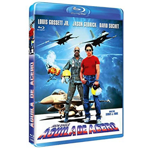 Iron Eagle Blu-Ray, Reg.A/B/C Import - Spain. The cover features two characters standing in front of fighter jets with explosions in the background. The title 'Águila de Acero' is prominently displayed in bold letters. This Blu-Ray includes multiple language options such as English, Spanish, French, and German, with subtitles and Dolby audio formats. It is a widescreen (1.78:1) release with special features like an interactive menu, scene access, and trailers. Region A/B/C compatible, requiring a Blu-Ray player.