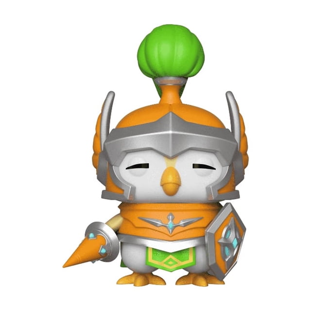 Funko Pop! Games: Summoners War - Mav Vinyl Figure showing a front-facing vinyl figure of Mav, a bird-like character in orange and silver armor with a green plume helmet, holding a shield and cone-shaped weapon, standing over three inches tall, ideal for collectors and fans of bobble heads and vinyl figures.