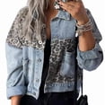 thumbnail image 2 of Womens Button Down Distressed Leopard Denim Jean Jacket Washed Long Sleeve Ripped Cheetah Jean Coat Light Blue XL, 2 of 7