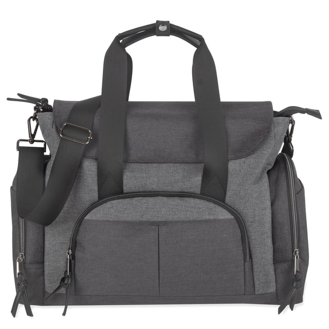 Essentiels pour Bébé Sac Fourre-Tout 2 en 1 Convertible à Multiples Poches pour Couches de Bébé avec Fermeture Magnétique, Poches Isolées pour Biberons, Matelas à Langer Pliable et Bandoulière Amovible, Gris. Vue Centrée Orientée vers l'Avant d'Un Sac Fourre-Tout Gris à Multiples Poches avec Poignées à Pression en Cuir Végane, Bandoulière Amovible et Ajustable pour Poussette, Deux Poches Extérieures Isolées pour Biberons, Rabat Supérieur Magnétique au-Dessus de la Fermeture Éclair Compartiment Principal et Tapis à Langer Matelassé Plié Inclus.