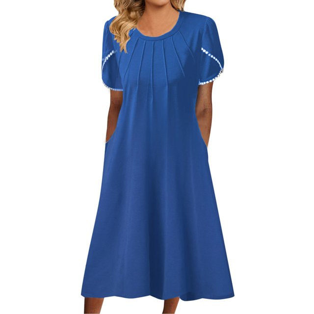 B91xZ Robes d'Été pour Femmes 2024 Manches Courtes Col Carré Dos Nu Aguichant Robe à Volants Taille Élastique Robe Trapèze Mini, Bleu TTTG