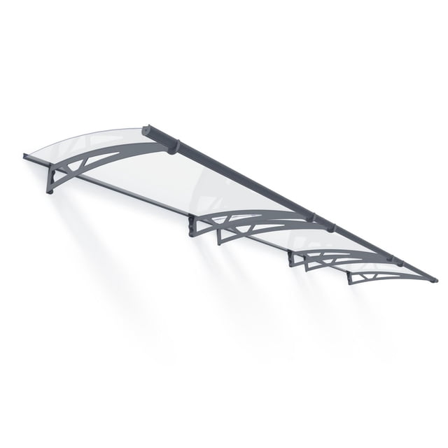 CANOPIA by PALRAM Altair 3 ft. x 14 ft. Door Awning Kit in grey with a curved clear solid panel and powder-coated galvanized steel support arms featuring decorative cutouts, designed to shield doorways from rain and sun while letting light pass through, suitable for protecting entrances in Canadian outdoor living spaces.