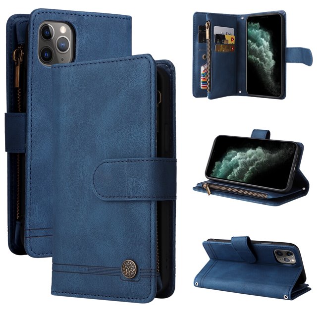 Case for iPhone 11 Pro Max Cover Zipper Pocket Wallet Case Magnetic Protective - Blue