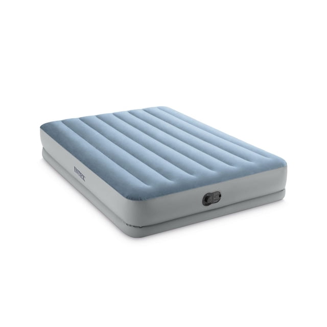 Intex Dura-Beam® Plus Comfort 14" Queen Air Mattress with Built-In USB Pump shown in a 3/4 angled view, featuring a light blue flocked top with horizontal air chambers and a light grey base. The built-in USB pump valve is visible on the side for easy inflation and deflation. The queen-size mattress measures 60 by 80 by 14 inches and supports up to 600 pounds, ideal for camping, indoor use, or temporary guest bedding.