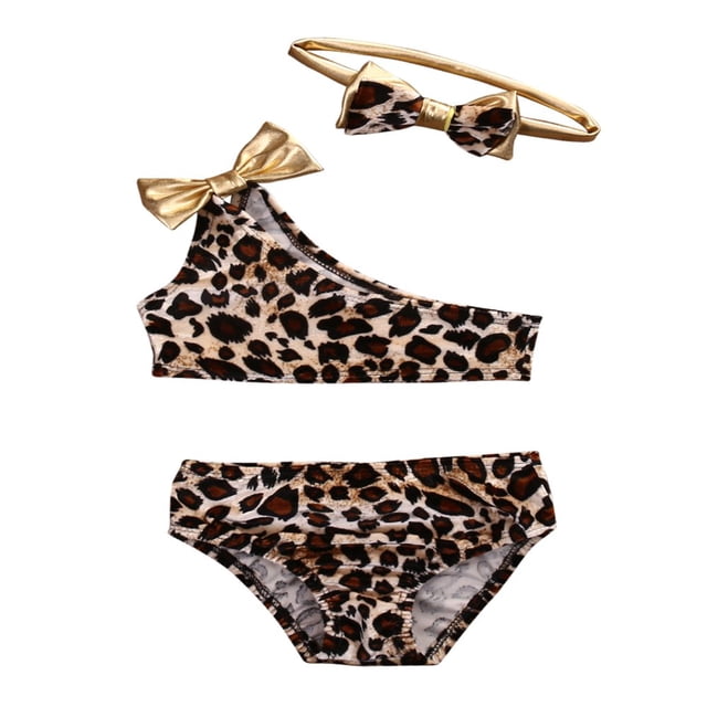 Baby Girls Bathing Swimsuit Leopard One Shoulder Vest Panties Bowknot Bikini Set