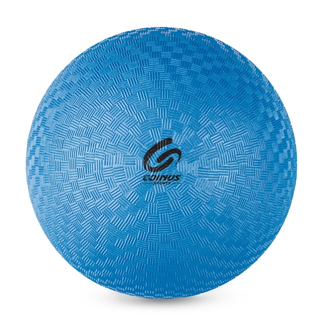 Coinus Sports Opp Playground Blue 9 in diameter ball with textured polyurethane foam surface featuring a woven pattern and black Coinus Sports logo at the center, designed for durable indoor and outdoor play and safe, soft handling.