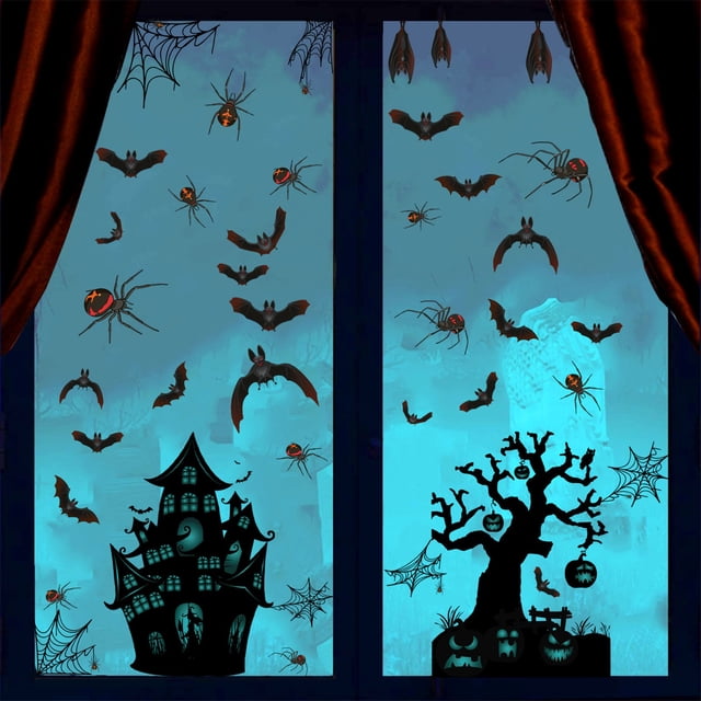 Dvkptbk wall stickers Halloween Removable Wall Stickers Horror Witch for Window Home Floor. The image displays Halloween-themed window decals with black silhouettes of bats, spiders, cobwebs, a haunted house, and a spooky tree adorned with jack-o'-lanterns. The stickers feature multicoloured details with orange highlights and are set against a blue background, creating a festive Halloween ambiance. Suitable for decorating windows, home interiors, or party spaces during Halloween.