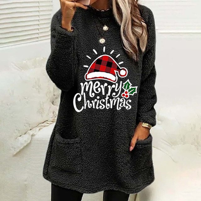 Qertyioot Hauts Grande Taille pour Femmes, Blouse à Manches Longues Chaude de Noël pour Femmes à Col Rond et d'Hiver, Ample, Imprimée, avec Poche