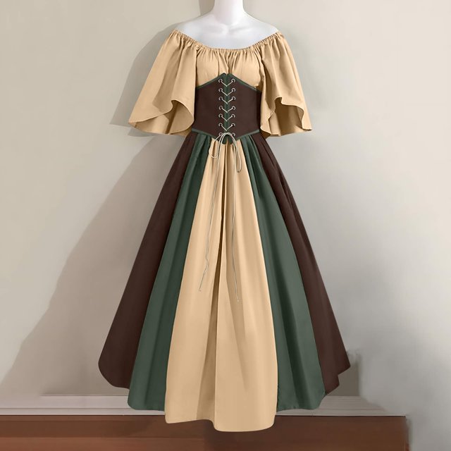 FcBaudy Robe de Cour pour Femme Style Médiéval Rétro Gothique à Contrastes avec Empiècements, Manches Volantées, Taille à Lacets et Grande Jupe, Robe de Soirée à une Épaule pour Bal, Robes pour Femmes