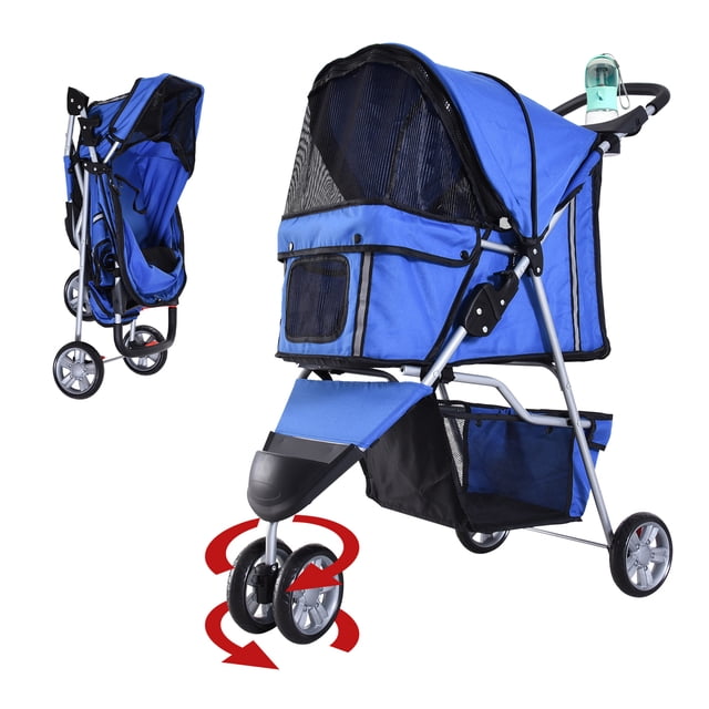 PawHut Deluxe 3 Wheels Pet Stroller with Brake, Canopy, Cupholders (Blue)