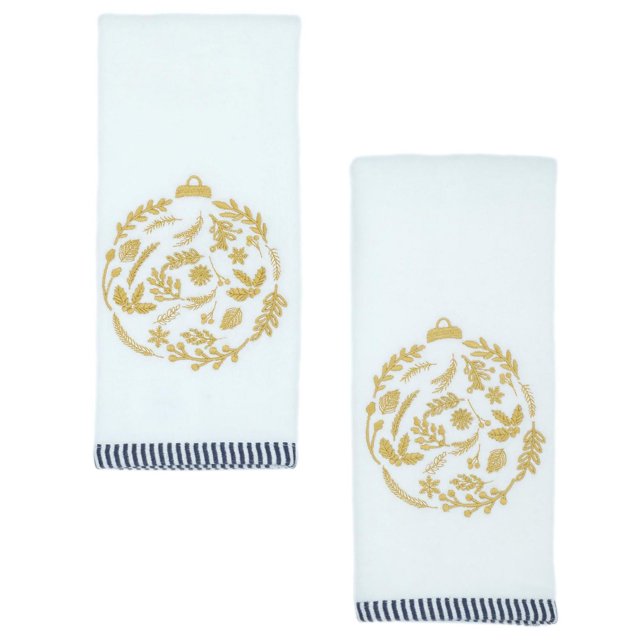 Holiday Time Hand Towels in white 100% cotton with gold embroidered Christmas ornament design and navy blue striped trim, shown front-facing on white background, suitable for festive bathroom décor and everyday use.