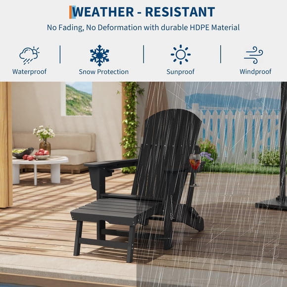 Folding Adirondack Rocking Chair with Retractable Ottoman and Dual Cup Holders – Heavy Duty All-Weather HDPE Patio Lounger, Comfortable Outdoor Rocker for Garden, Deck, or Porch, Black