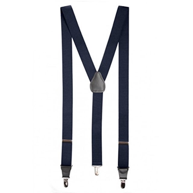Mens Elastic Y-Back Adjustable Clip-on Suspenders With Leather Trim- Navy (Regular, 46" Long)