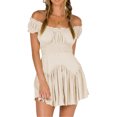 thumbnail image 1 of Honganda Women Summer Short Dress, Solid Color Ruched Bust Boat Neck Off Shoulder Puff Sleeve A-Line One Piece, 1 of 9