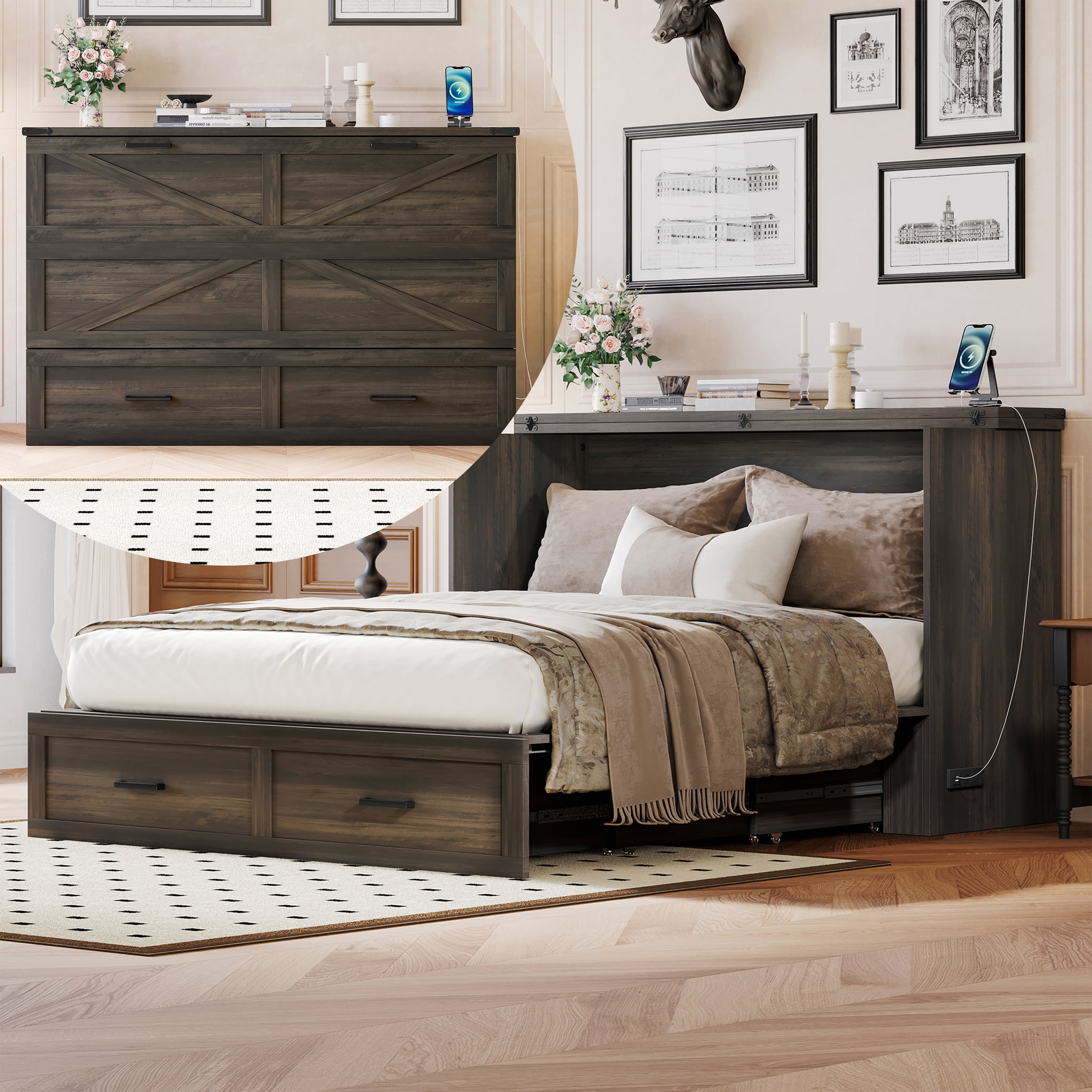 Lit escamotable Noble House, de style ferme, gris, 3 places, avec station de recharge