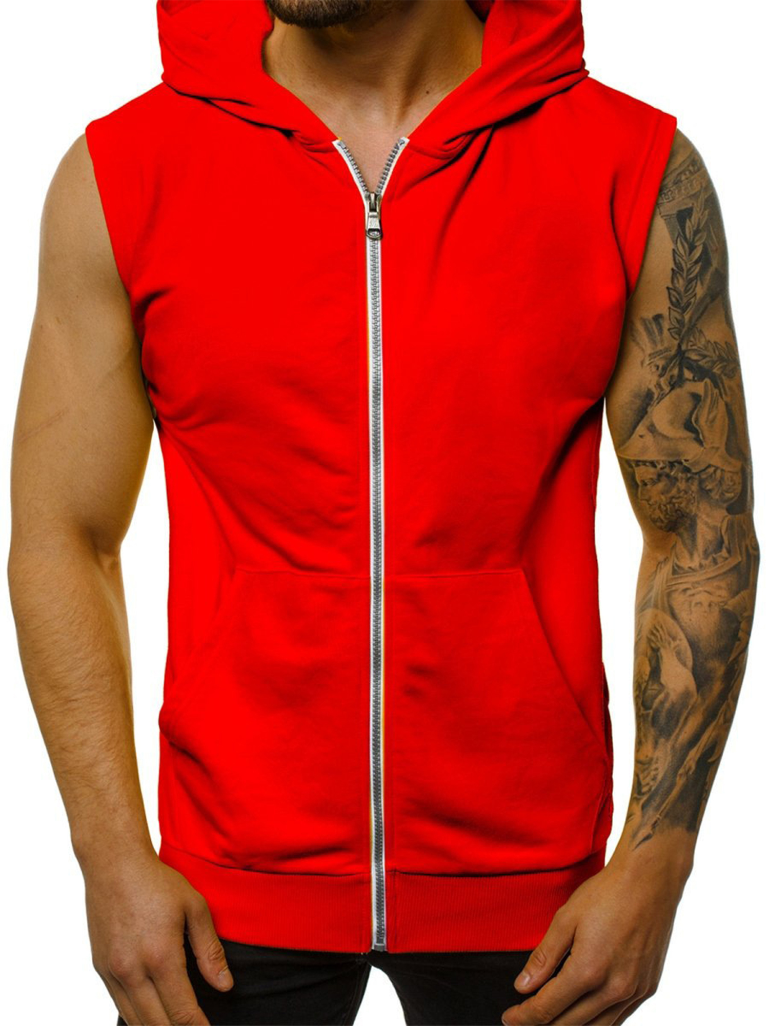 Innerwin Hoodies Sleeveless Men's T Shirt Summer Zip Up Regular Fit Hooded Tank Tops Red S