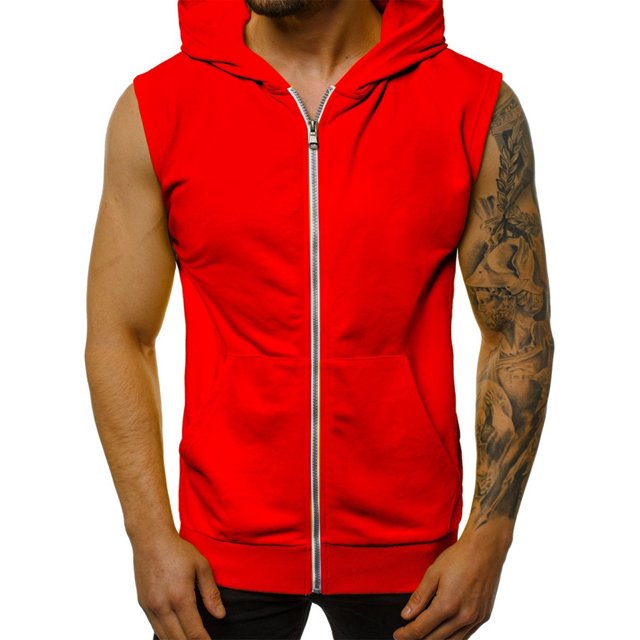 Innerwin Hoodies Sleeveless Men's T Shirt Summer Zip Up Regular Fit Hooded Tank Tops Red 2XL