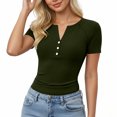 thumbnail image 1 of cfhntfmh Henley Shirts for Women Summer Short Sleeve Tops V Neck Basic Tees Fitted Ribbed Button up Beach Vacation Shirts, 1 of 5